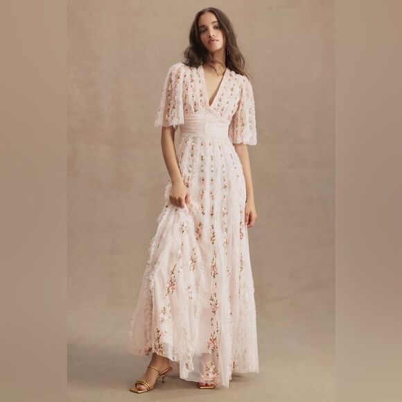 NWT MAC DUGGAL SHORT SLEEVE FLORAL RUFFLED V NECK GOWN - Picture 1 of 5